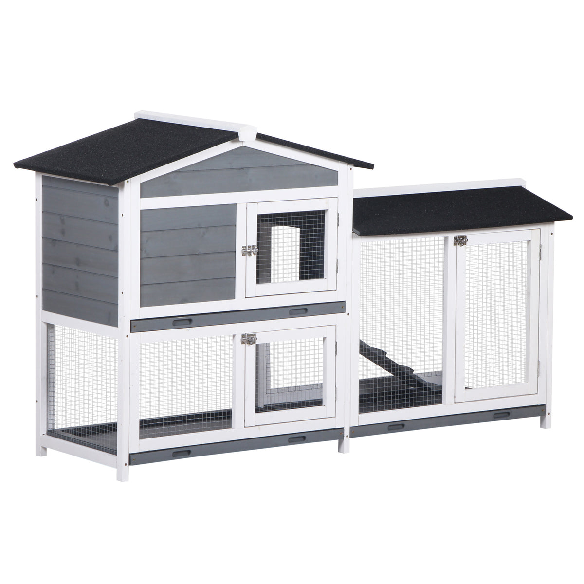 PawHut 62' Rabbit Hutch, Wooden Bunny Hutch, Guinea Pig Cage, Small Animal Enclosure with Run Area, Removable Tray, Asphalt Roof, Lockable Doors and Ramp, Gray