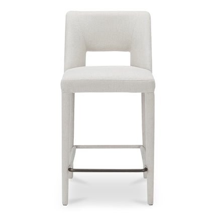 Counter Stool, Fully Upholstered Iron Frame, Carved Backrest Detail, Beige
