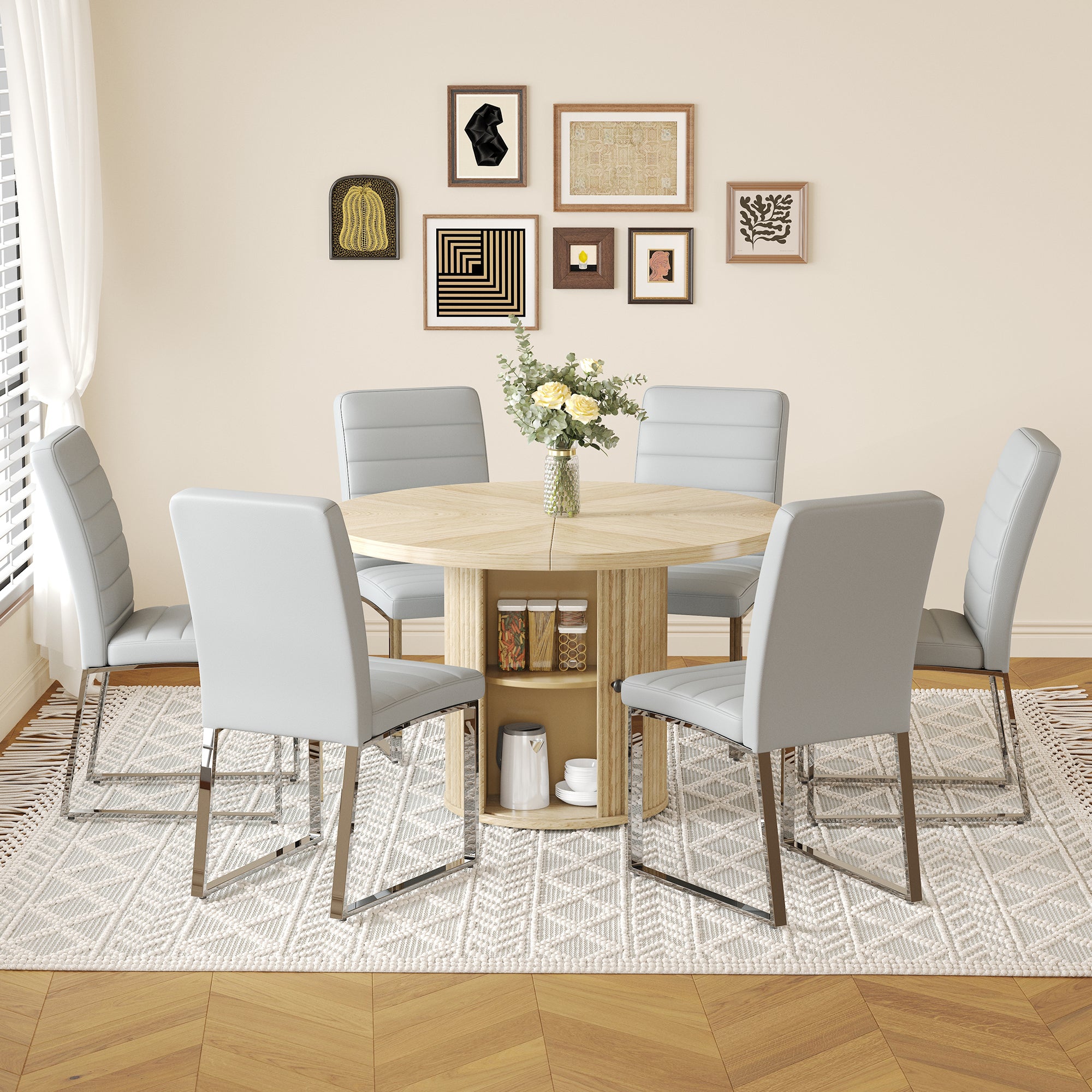 6piece PU Padded Dining Chair Set with 47.2 in Round Roman Column Table, Storage Included, Suitable for Restaurants/Wooden color