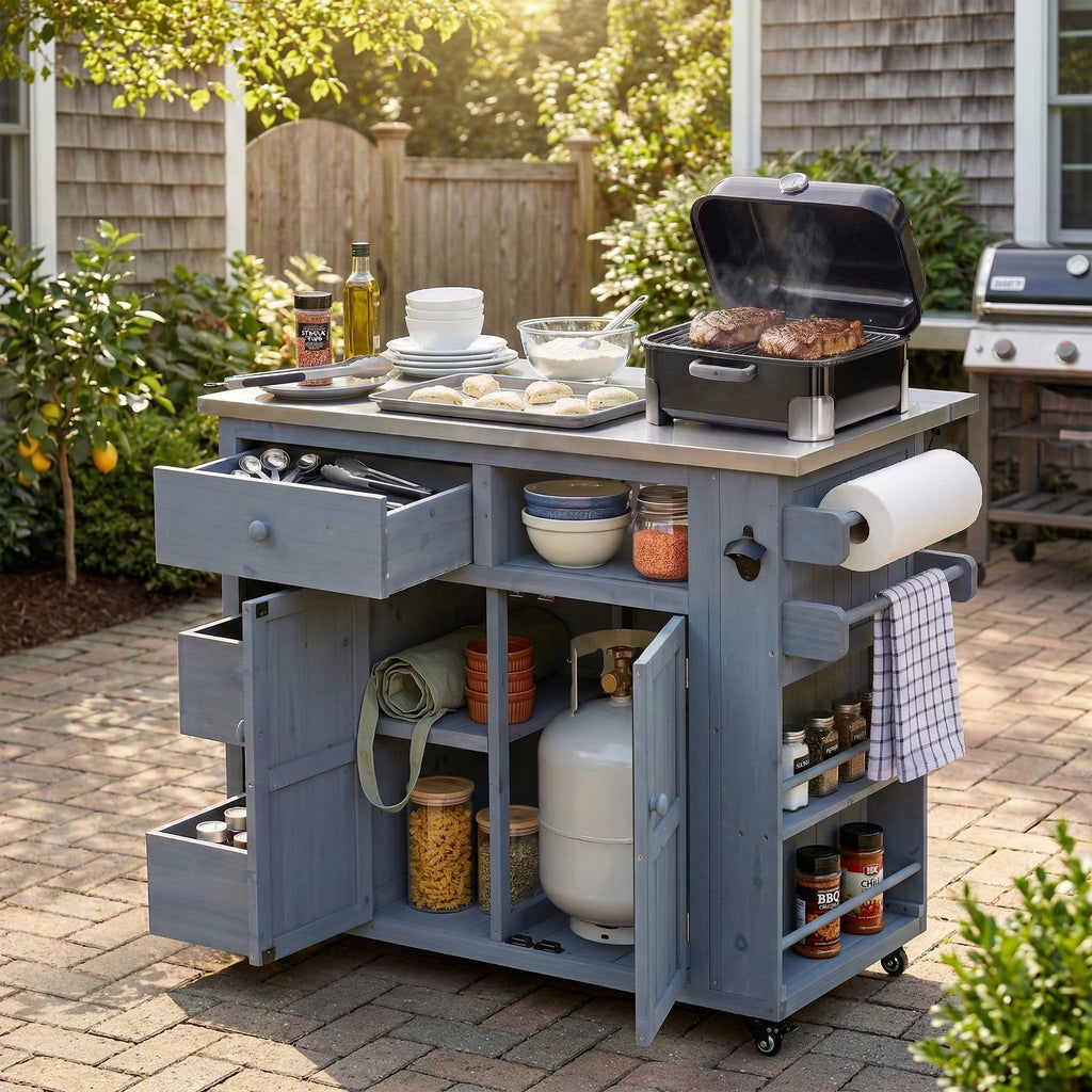 TOPMAX Outdoor Solid Wood Extendable 19.3''/28'' Kitchen Island, Stainless Steel Top Grill Table with Side Spice Rack, Kitchen Cart with Drawers, Storage Cabinet for Backyard, BBQ,Party, Gray