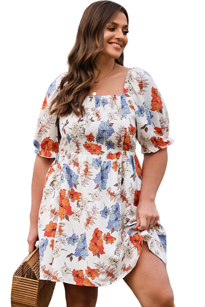 White Floral Smocked Flared Plus Size Dress - Eloy Royal