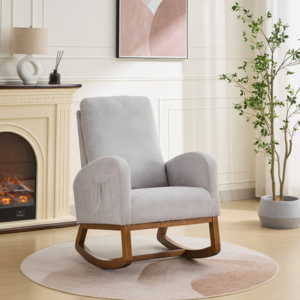 27.2'W Rocking Chair for Nursery, Polyester Glider Chair with High Back and Side Pocket, Rocking Accent Armchair with Rubber Wood Legs for Living Room/Bedroom.Light Gray