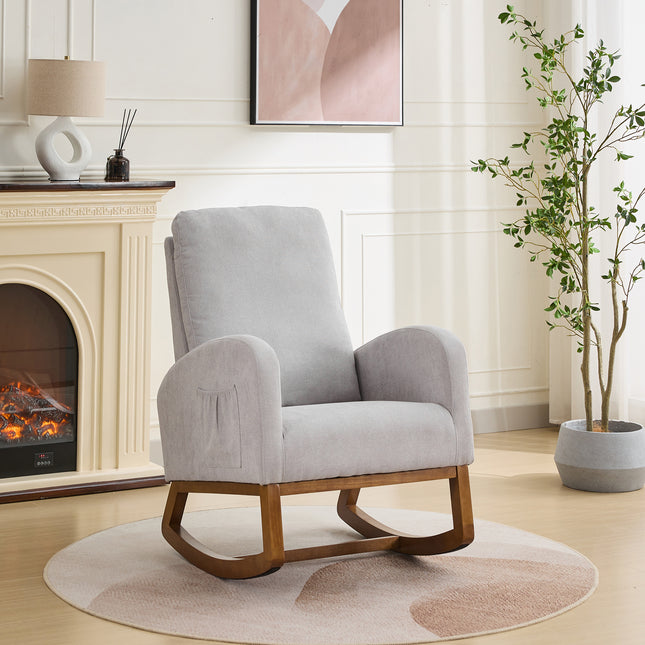 27.2'W Rocking Chair for Nursery, Polyester Glider Chair with High Back and Side Pocket, Rocking Accent Armchair with Rubber Wood Legs for Living Room/Bedroom.Light Gray