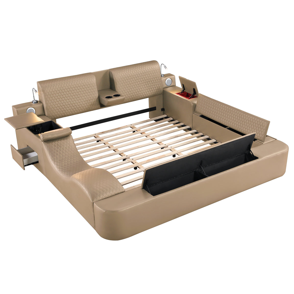 ZOYA Smart Multifunctional King Bed with Massage Chaise, Bluetooth Speakers, USB Charging and Storage in Caramel Faux Leather