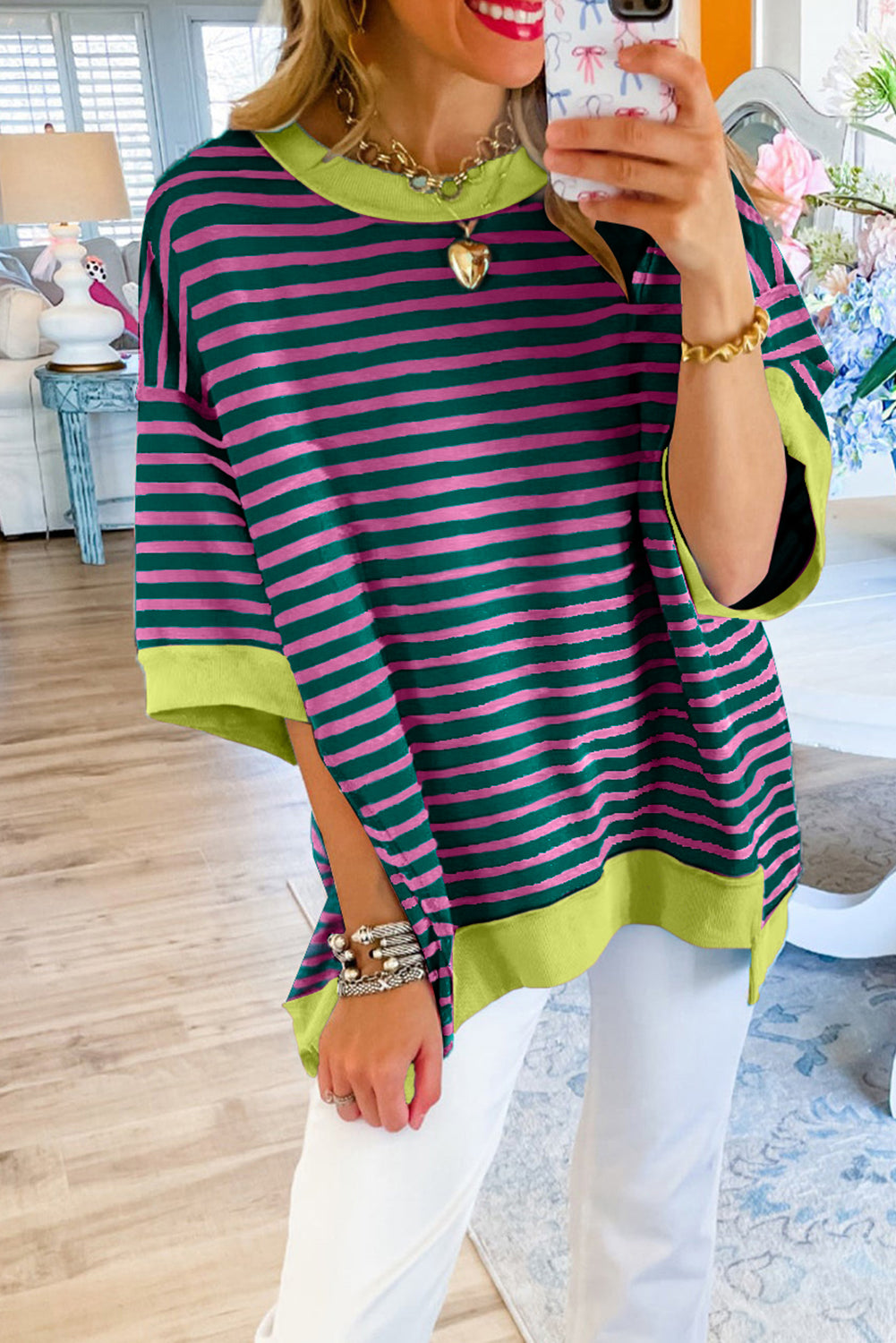 Pink Stripe Colorblock Drop Sleeve Loose Top - Eloy Royal