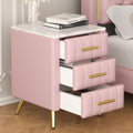 Upholstered Wooden Nightstand with 3 Drawers and Metal Legs&Handles, Bedside Table with Marbling Stickers Worktop - Pink
