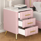 Upholstered Wooden Nightstand with 3 Drawers and Metal Legs&Handles, Bedside Table with Marbling Stickers Worktop - Pink