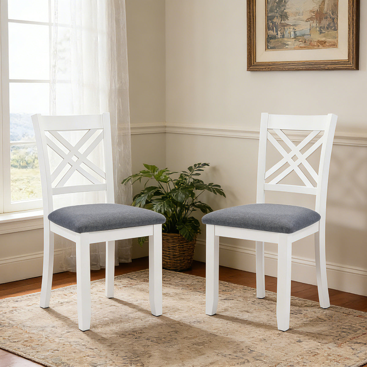 Dining Chairs Only, Wooden Dining Chairs Set of 2, Kitchen Chair with Padded Seat, Upholstered Side Chair for Dining Room, Living Room, Grey & White two tone