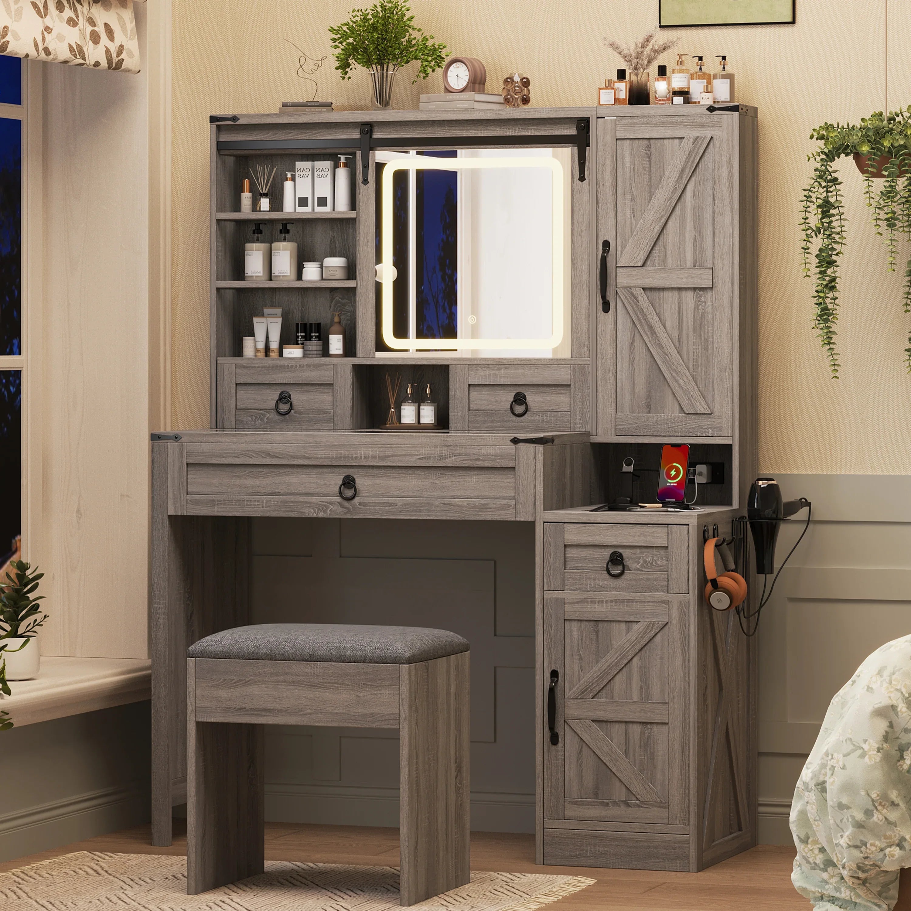 Farmhouse Vanity Desk with Sliding Mirror and Lights, Vanity Set with Glass Top and Charging Station ,Dressing Table with 4 Drawers and 2 Cabinets, Dressing Table with Stool for Bedroom, Gray - Eloy Royal