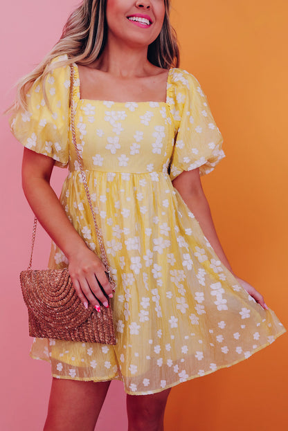 Yellow Boho Flower Jacquard Puff Sleeve Square Neck Mini Dress - Eloy Royal