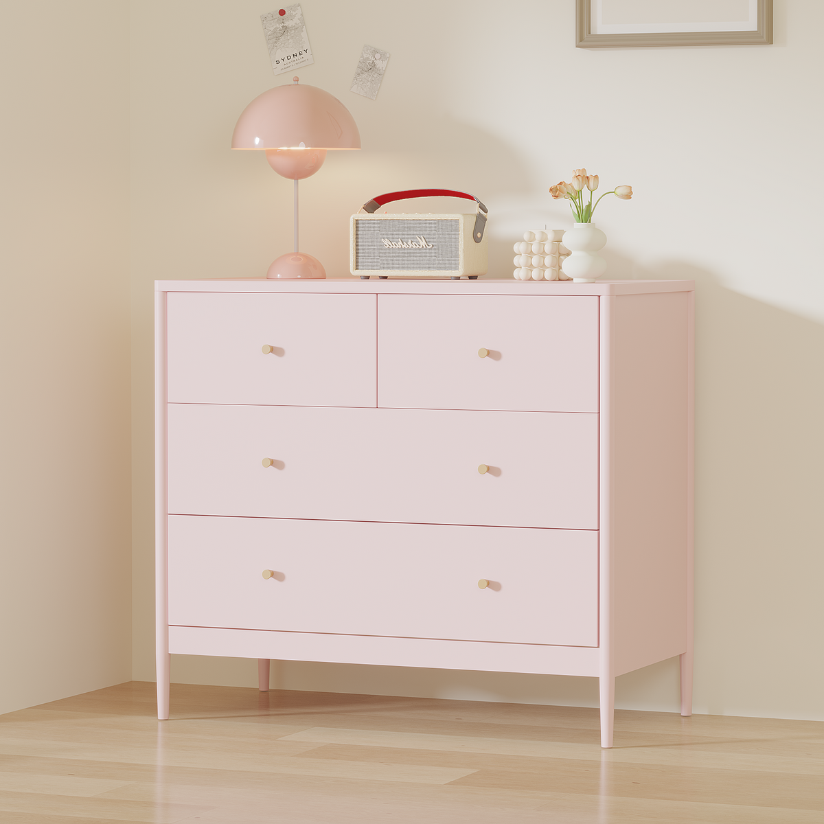 Pink 4-Drawer Kids Dresser, Wooden Storage Cabinet for Toddler Bedroom, Nursery, Closet, Baby Nightstand Organizer for Living Room or Apartment, 35.4' Wide