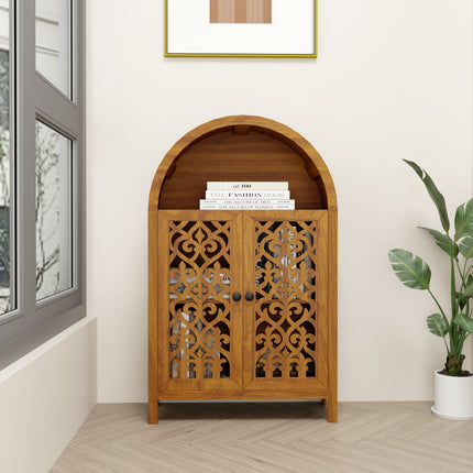 Hand-Carved Arched Cabinet, Solid Wood Storage Cabinet with Open Shelf & 2 Doors, Tall Narrow Accent Cabinet for Living Room, Bedroom, Entryway