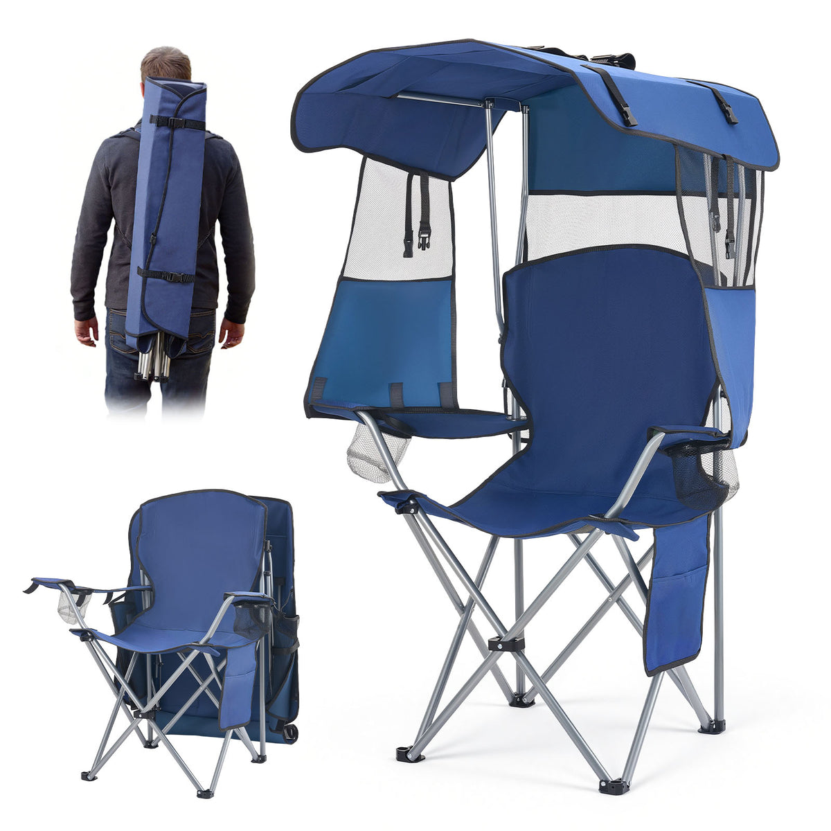Camping Chair with Canopy Shade, Folding Beach Chair with Canopy & Magazine Pocket, 2 Cup Holders, 330 lbs Heavy Duty Support, Carry Bags for Outdoor, Camp, Fishing, Tailgates, Deep Blue