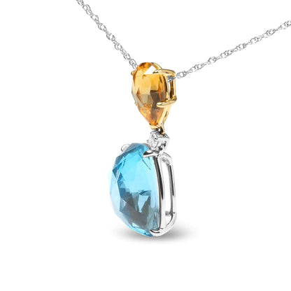 18K White and Yellow Gold Diamond Accent and Yellow Citrine and Sky Blue Topaz Gemstone Dangle Drop 18" Pendant Necklace (G-H Color, SI1-SI2 Clarity)