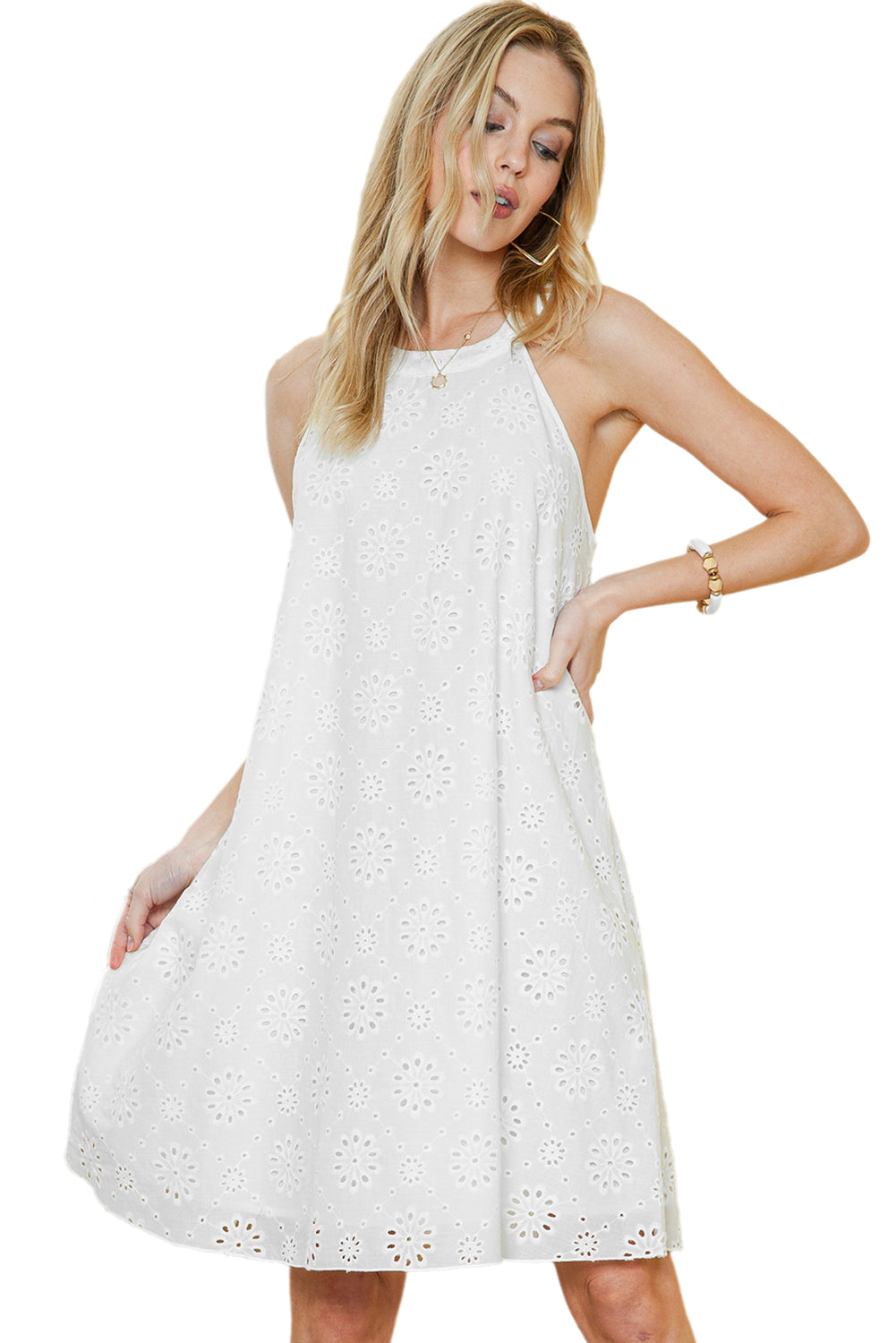 White Lace Eyelet Sleeveless O-Neck Keyhole Back Mini Dress - Eloy Royal