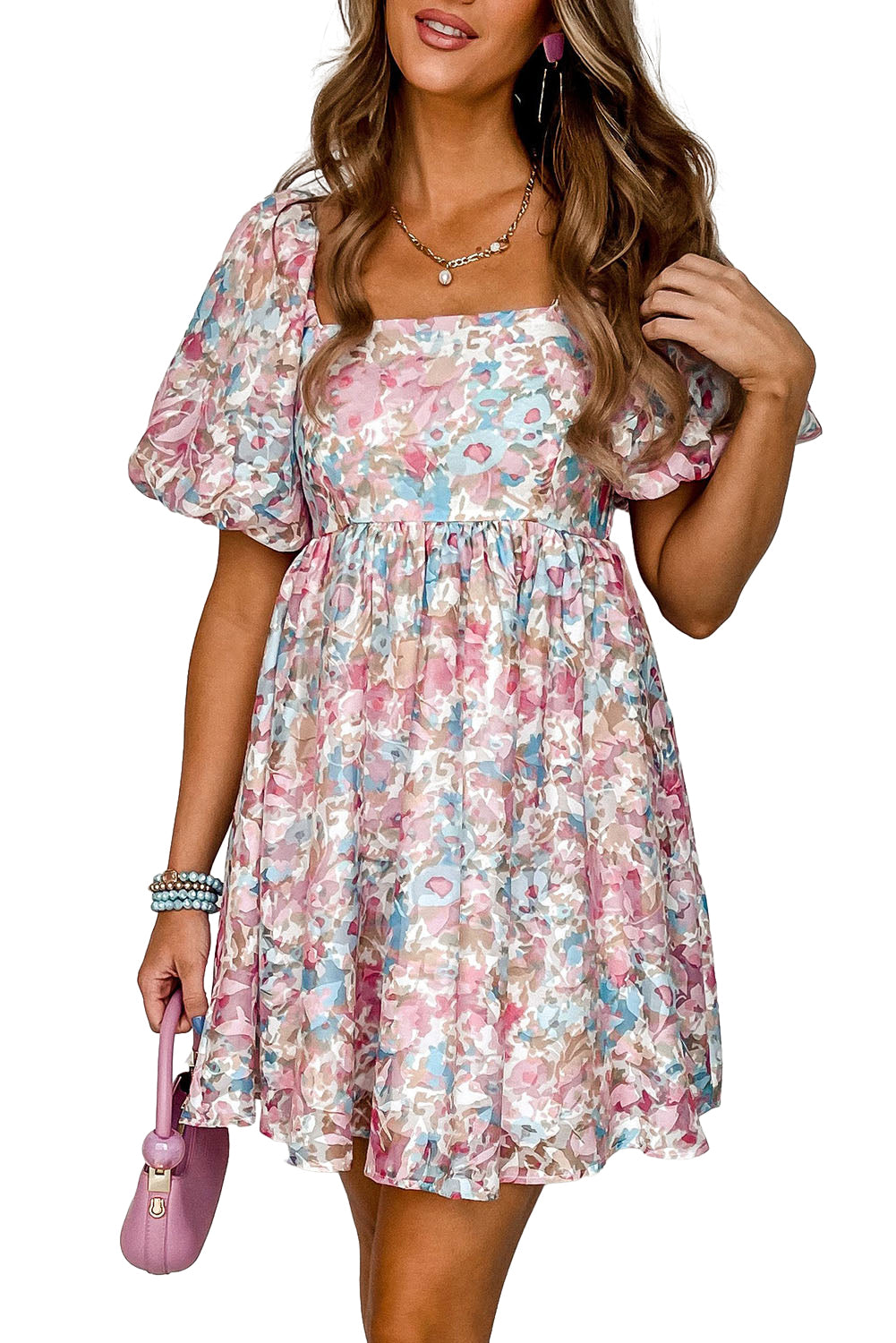 Pink Floral Lantern Sleeve Square Neck Ruffled Mini Dress - Eloy Royal