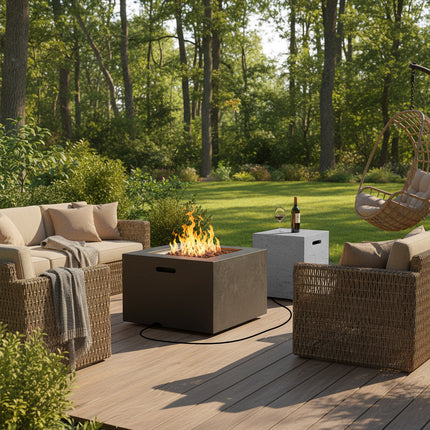 U_STYLE 24.02'' Square MGO Propane Fire Pit Set, 40,000 BTU Outdoor Fire Pit Table with Steel Burner, Adjustable Flame, Lava Rocks & Rain Cover, Includes 15.75'' Propane Tank Cover Table, No Assembly
