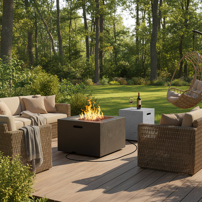 U_STYLE 24.02'' Square MGO Propane Fire Pit Set, 40,000 BTU Outdoor Fire Pit Table with Steel Burner, Adjustable Flame, Lava Rocks & Rain Cover, Includes 15.75'' Propane Tank Cover Table, No Assembly