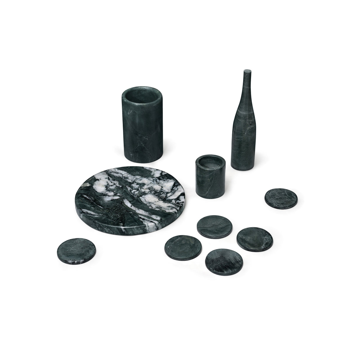 Diamond Green Natural Marble Dining Room Accessories Set, Luxury 10-Piece Set, Genuine Real Marble in Green, Matte Finish