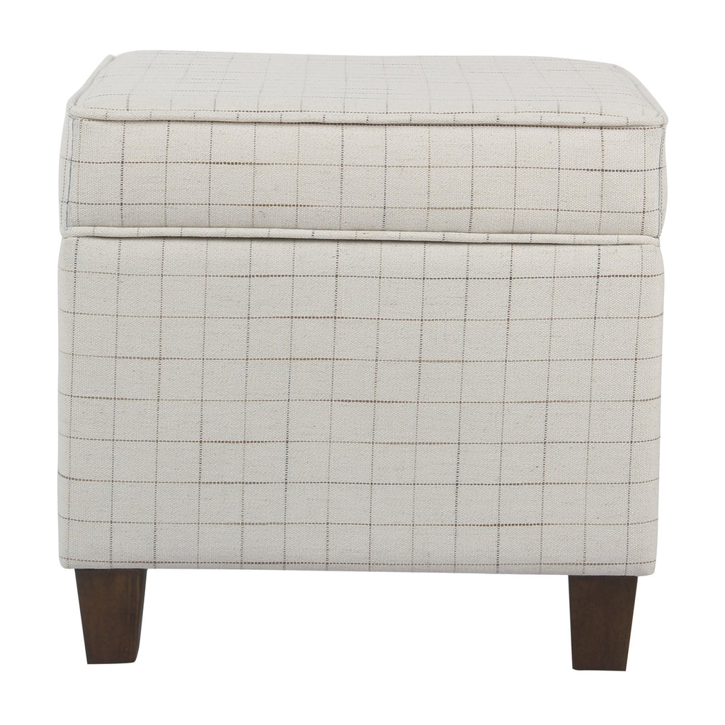 Wooden Square Ottoman with Grid Patterned Fabric Upholstery and Hidden Storage, Beige and Brown