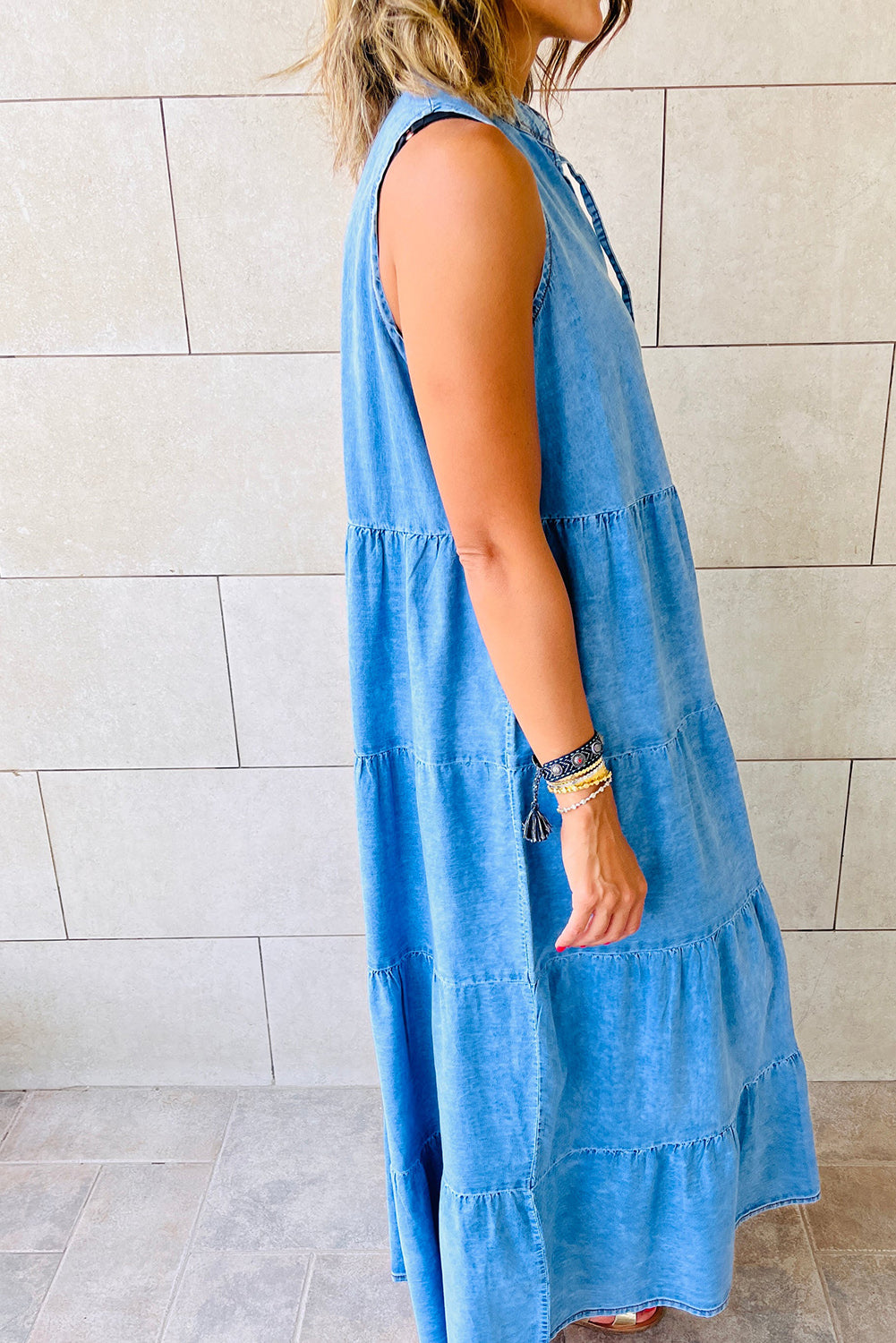 Real Teal Sleeveless Tiered Chambray Maxi Dress - Eloy Royal