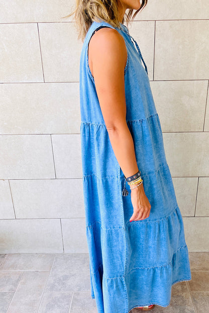 Real Teal Sleeveless Tiered Chambray Maxi Dress - Eloy Royal