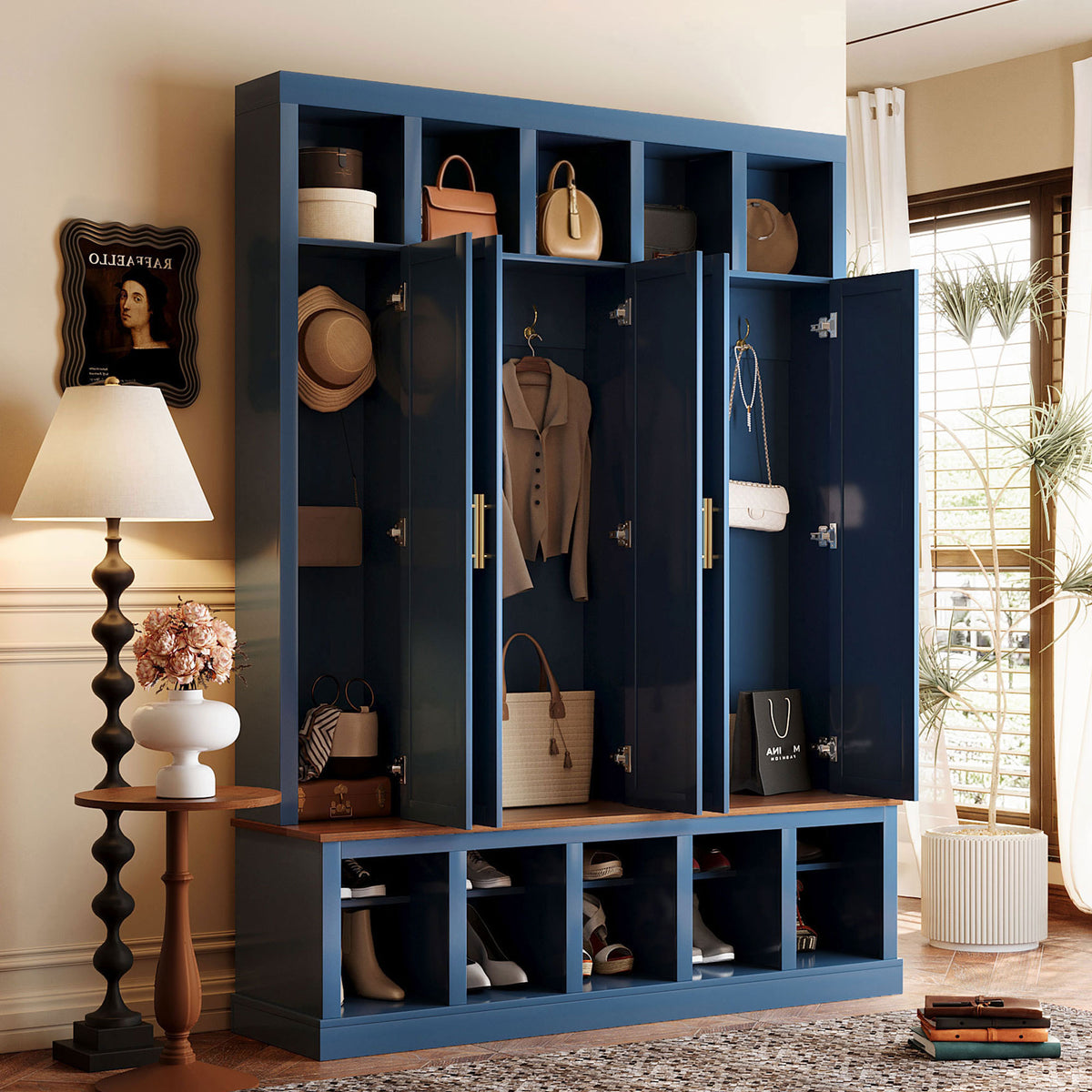 U-Can Farmhouse Entryway Storage Cabinet Coat Closet with Shoe Rack & Display Cubbies