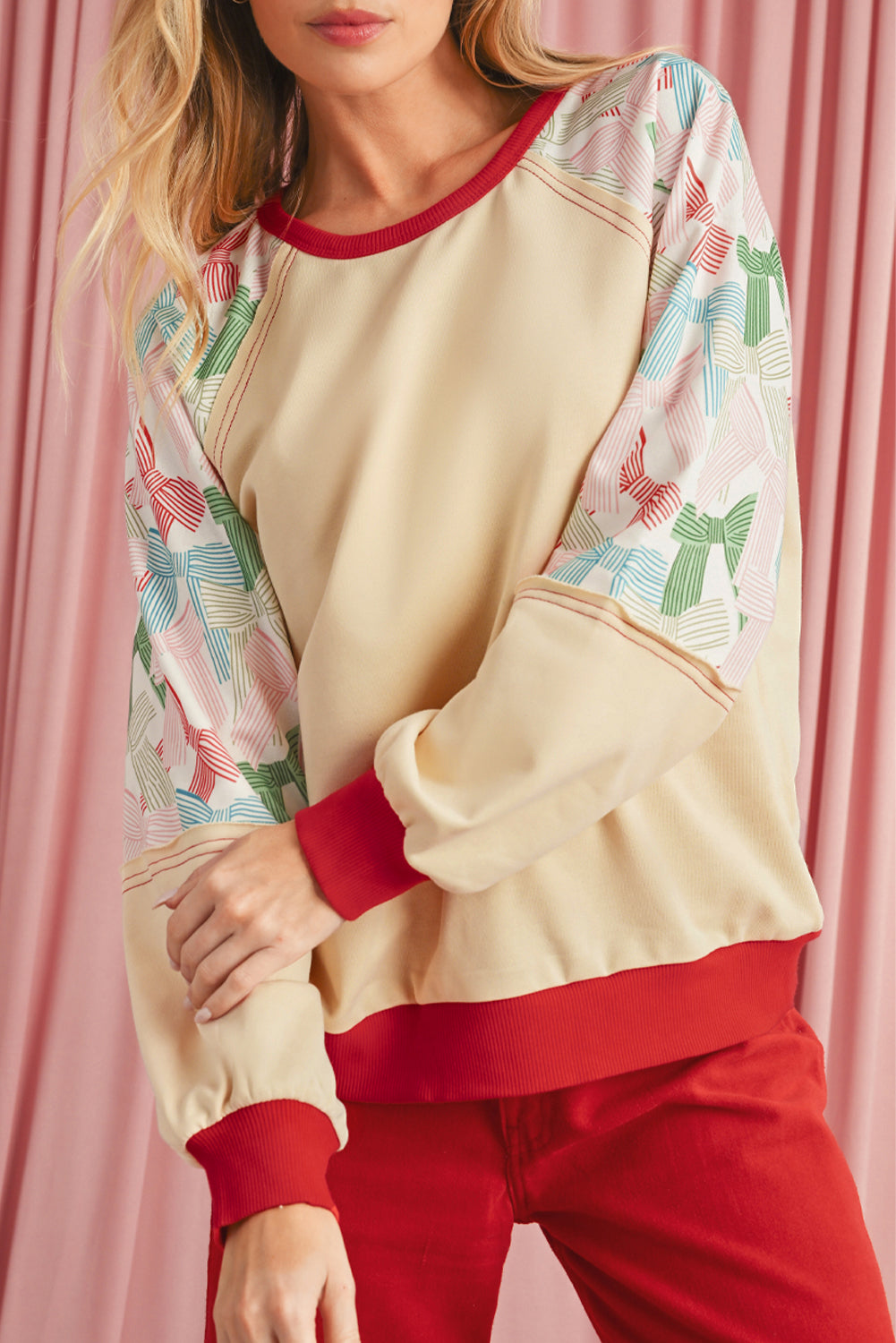 Beige Bowknot Print Patchwork Raglan Sleeve Top