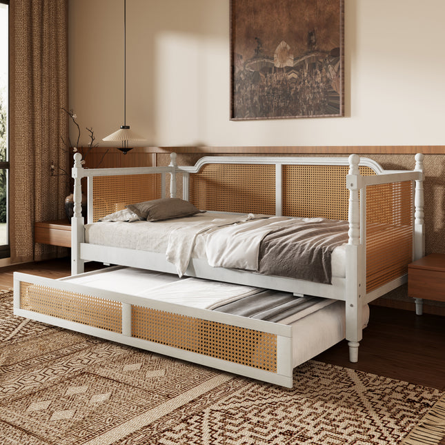 Traditional Style Rattan Twin Size Daybed with Twin Size Trundle for Limited Space, Guest Room, No Box Spring Needed,Antique White (Old SKU:BS701P193919K )