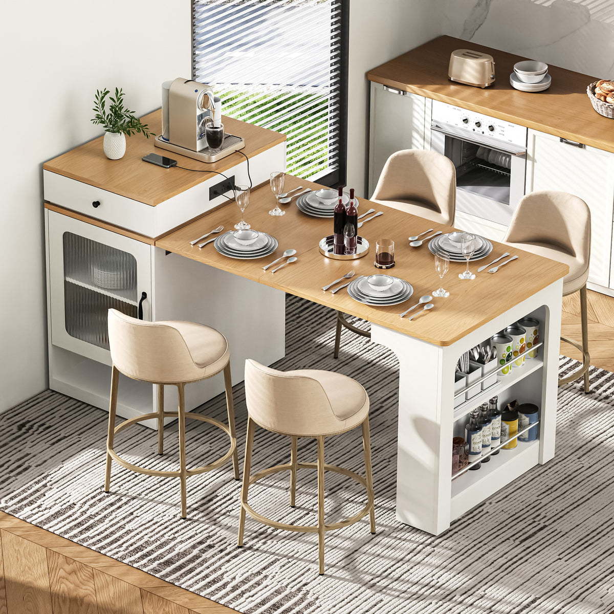 K&K 59.5' Kitchen Island with Extendable Dining Table, Kitchen Storage Table with Double-sided Storage, Kitchen Island with 2 Drawers, Power Outlet, Side Open Shelves, for Kitchen, Dining Room, White