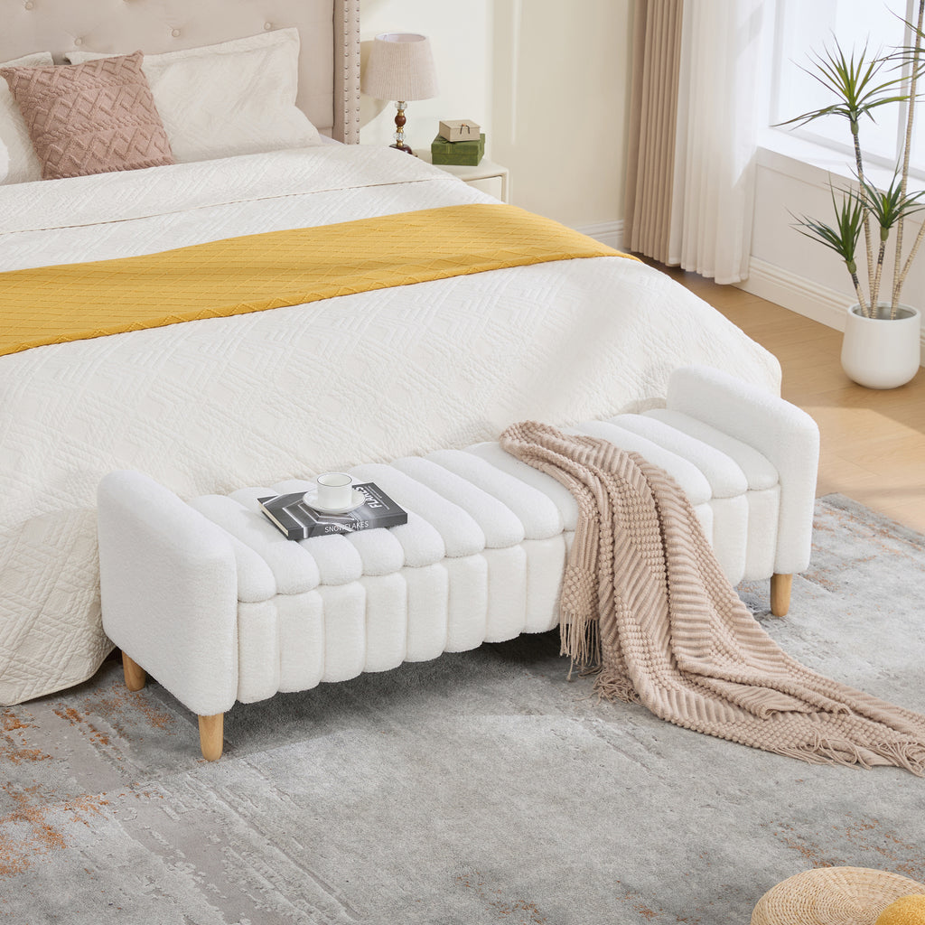 63.4'W Modern Upholstered End of Bed Bench, Wave Channel Tufted Flip-Top Storage Accent Window Footrest Stool with Armrests & Solid Wood Legs For Bedroom Entryway, Dining Room, Living Room, Ivory