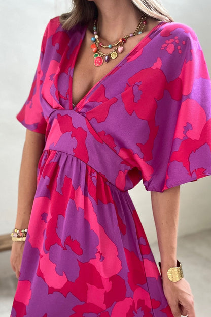 Rose Abstract Floral Print V Neck Split Maxi Dress - Eloy Royal