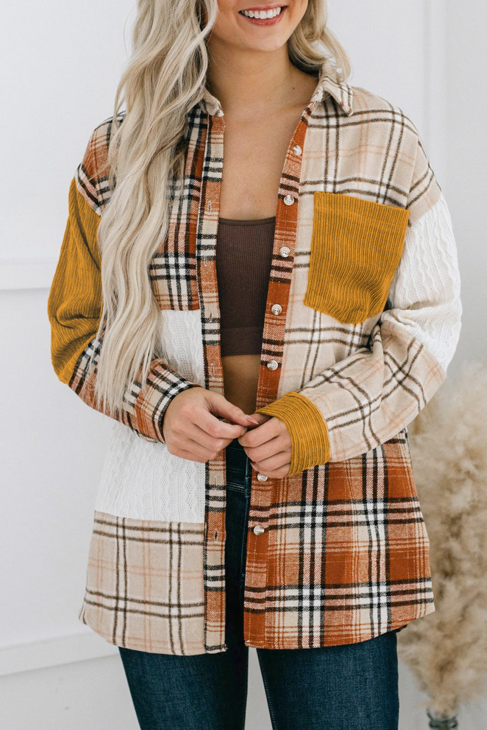 Orange Plaid Color Block Patchwork Pocket Shirt Shacket - Eloy Royal