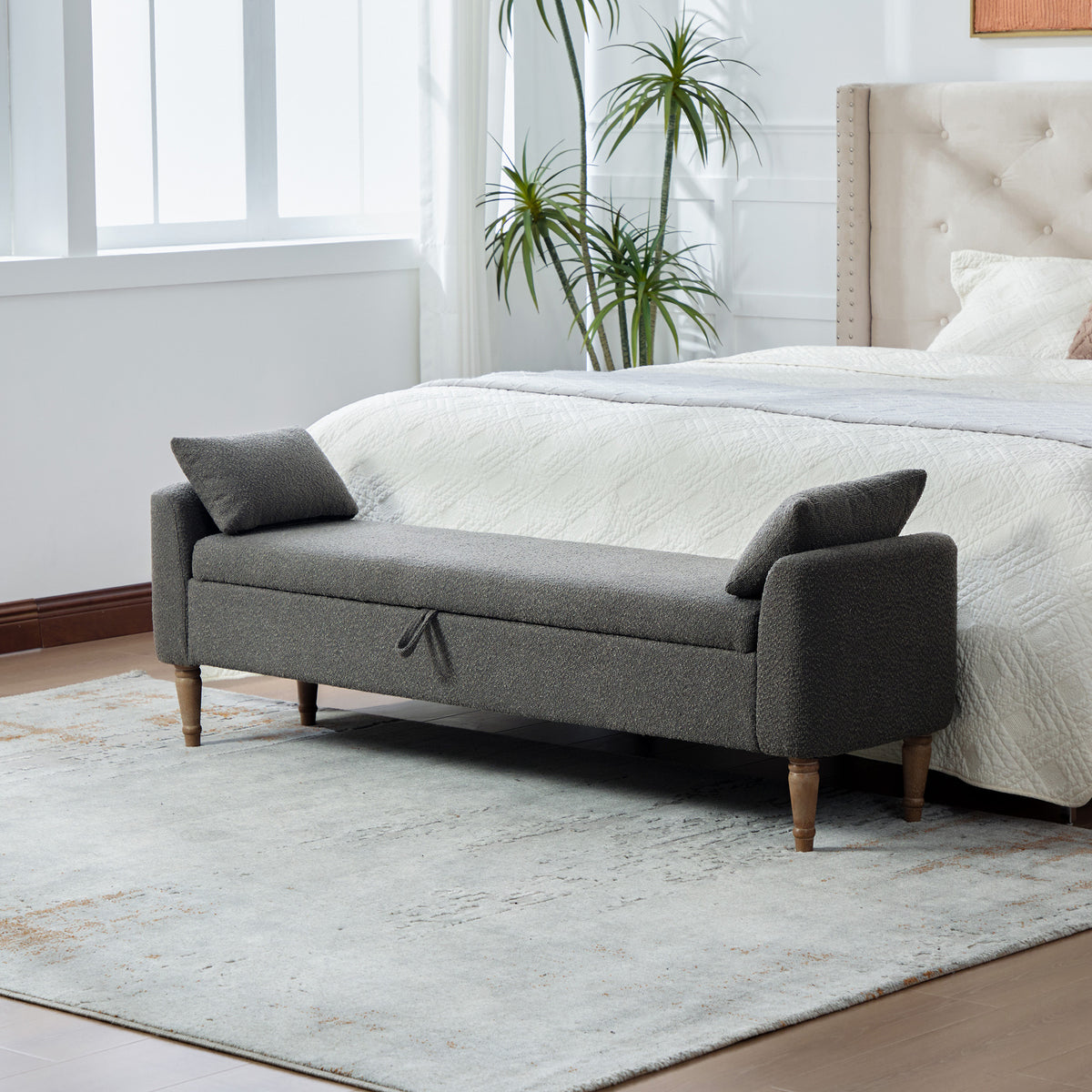 65.94' Wide Modern Upholstered  Boucle fabric Storage Bench, Bed End Foot Stool With Armrest&2 Bolster  Pillows, Bench Daybed With Rubberwood Legs For Living Room, Entryway, Dormitory,Bedroom,Charcoal