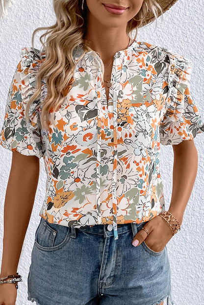 Multicolor Split V Neck Puff Sleeve Floral Print Blouse - Eloy Royal