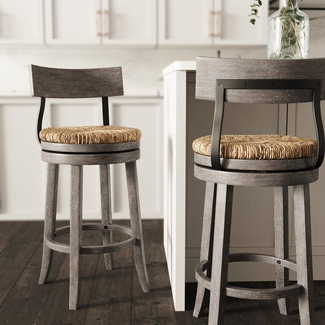 31' Wood Bar-Height Bar Stool with Natural Seagrass Seat, Reclaimed Gray, 1PC