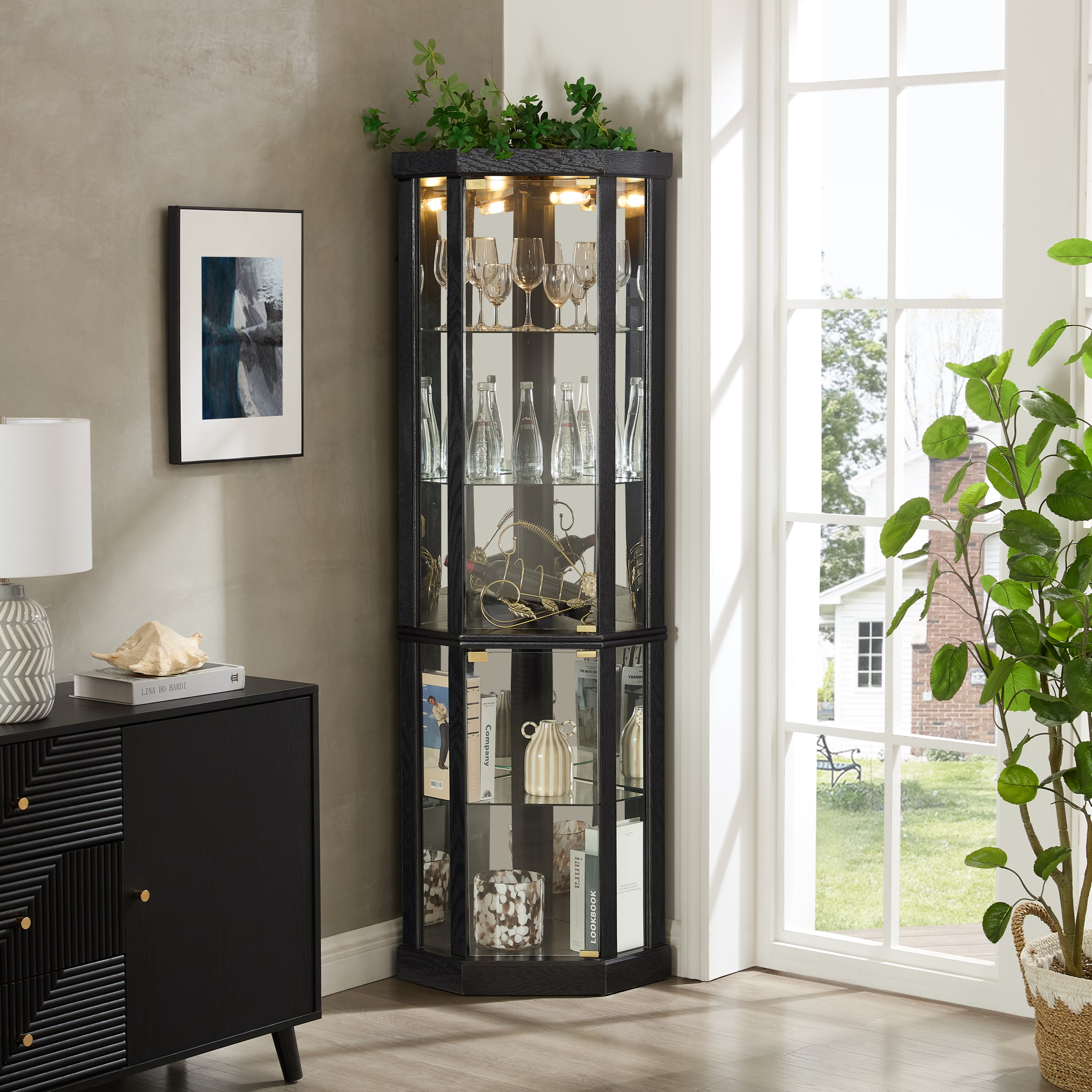 Lighted Corner Curio Cabinet - Elegant Glass Display Case for Living Room & Bar Storage - Perfect for Antique Collections & Wine - Includes Built-in Lighting - BLACK
