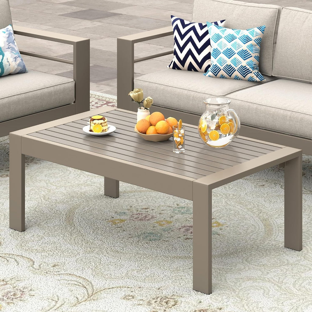 Outdoor Furniture Patio Coffee Table, Ourdoor Rectangle Coffee Table, All-Weather Outdoor Metal Coffee Table for Balcony, Garden, Deck, Backyard, Khaki