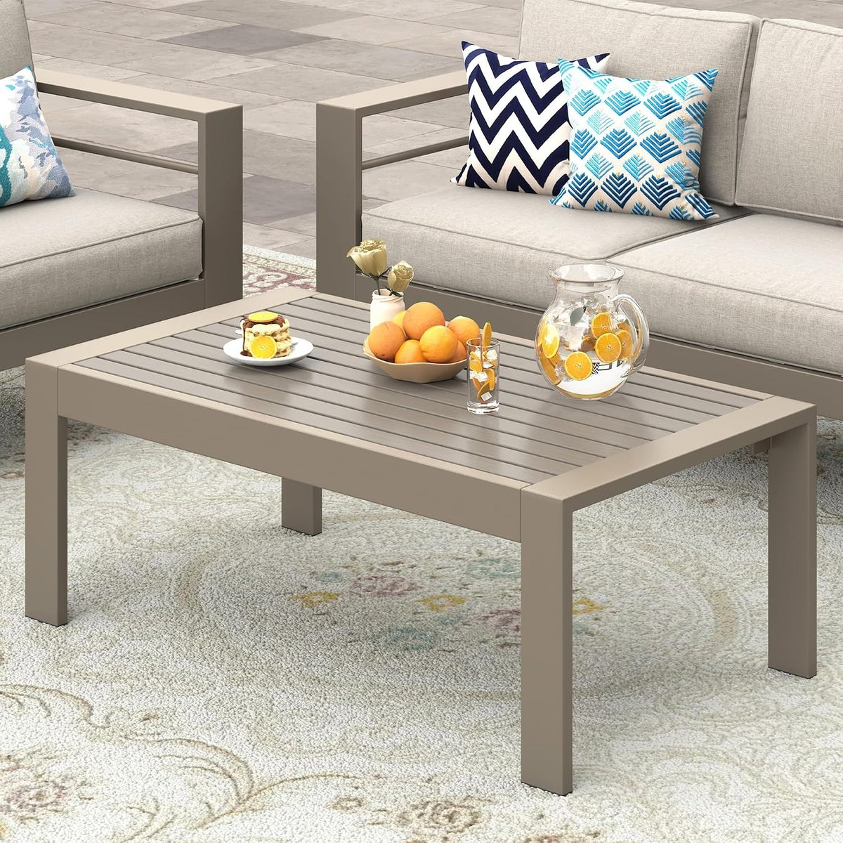 Outdoor Furniture Patio Coffee Table, Ourdoor Rectangle Coffee Table, All-Weather Outdoor Metal Coffee Table for Balcony, Garden, Deck, Backyard, Khaki