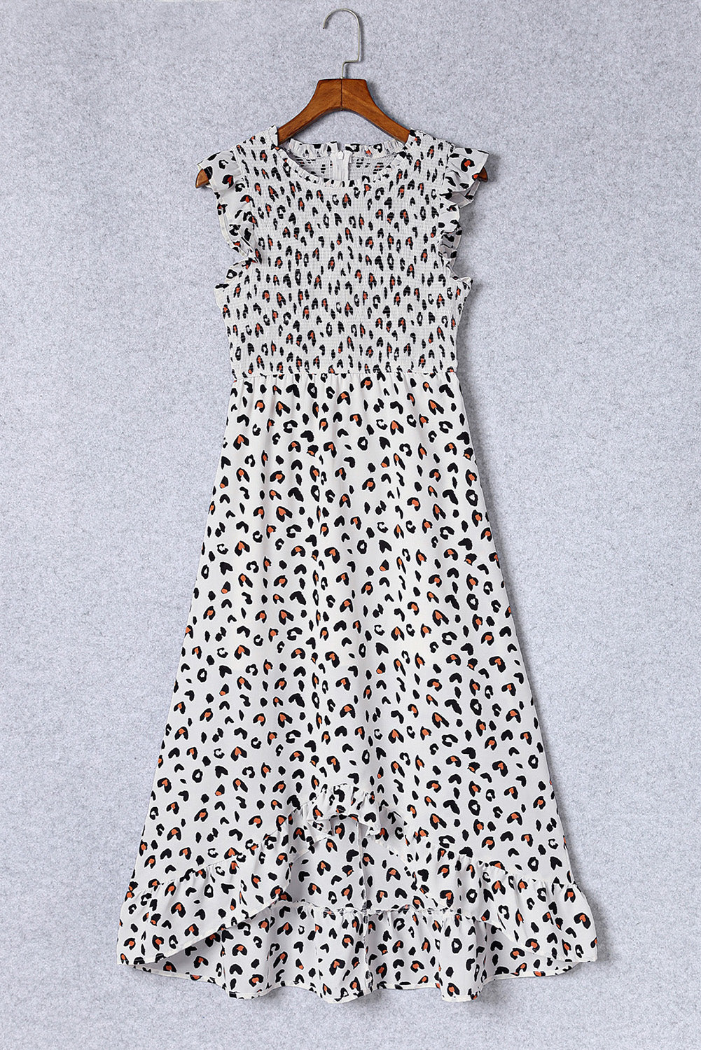 White Smocked Sleeveless High Low Leopard Print Dress - Eloy Royal