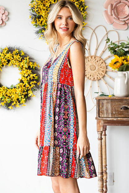 Floral Print Sleeveless Flounce Hem V Neck Short Boho Dress - Eloy Royal