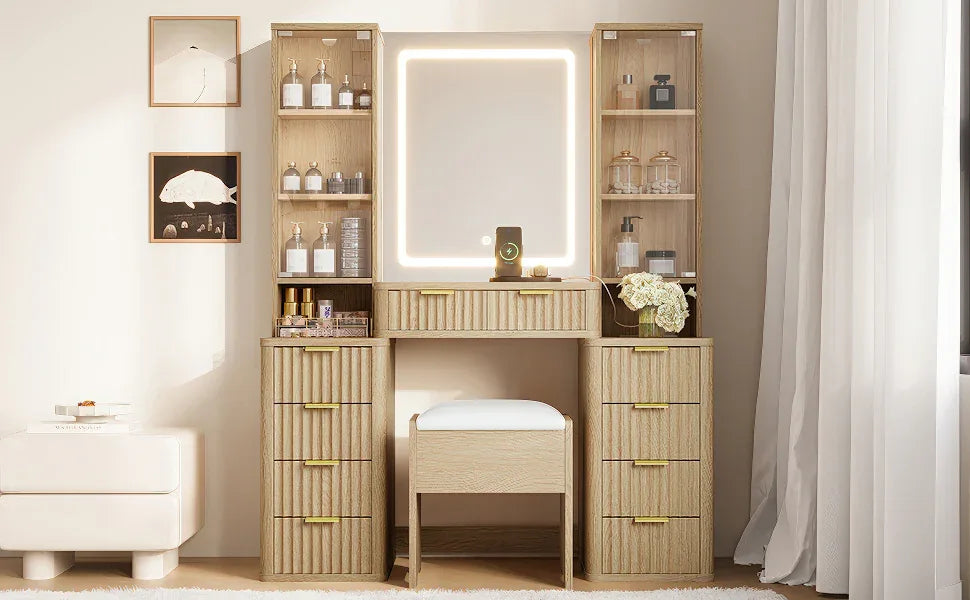 43.5' Fluted Makeup Vanity Desk with Mirror and Lights, Modern Glass Top Vanity Table with 10 Drawers & 2 Transparent Glass Cabinets, Dressing Table Set with Stool and Charging Station, Oak - Eloy Royal
