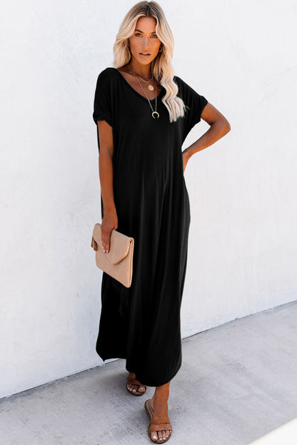 Black Solid Color Hidden Pocket V Neck Slit Maxi Dress - Eloy Royal