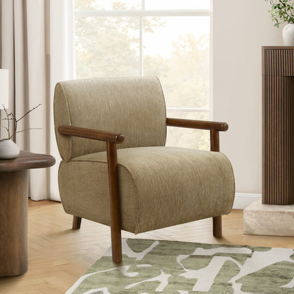 Accent Chair, 31'h, Upholstered, Living Room, Bedroom, Light Brown Fabric, Brown Walnut Solid Wood, Modern, Mid Century