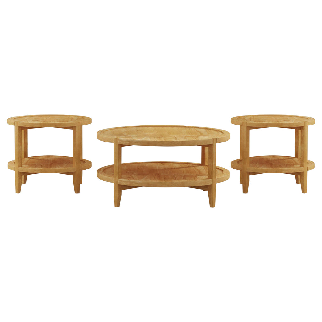 Elliott Maple 3-Piece Round Coffee and End Table Set in Warm Maple Finish with Solid Wood Construction and Full Lower Shelves