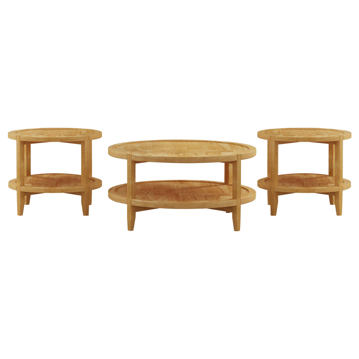 Elliott Maple 3-Piece Round Coffee and End Table Set in Warm Maple Finish with Solid Wood Construction and Full Lower Shelves
