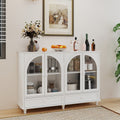 White Arched Glass Sideboard Buffet Cabinet, 2 Drawers & 4 Glass Doors Storage Credenza, Display Cabinet with Adjustable Shelves, Modern Kitchen Cupboard for Dining Room Living Room Entryway