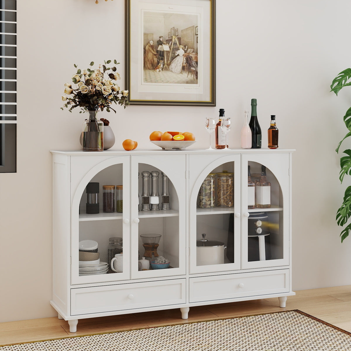 White Arched Glass Sideboard Buffet Cabinet, 2 Drawers & 4 Glass Doors Storage Credenza, Display Cabinet with Adjustable Shelves, Modern Kitchen Cupboard for Dining Room Living Room Entryway