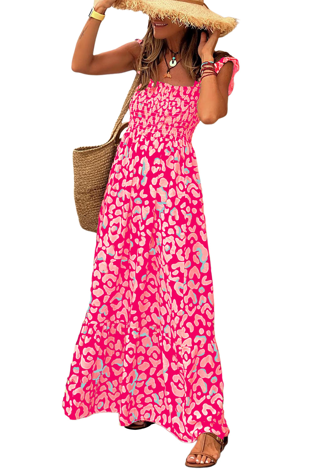 Rose Leopard Ruffle Straps Smocked High Waist Maxi Dress - Eloy Royal