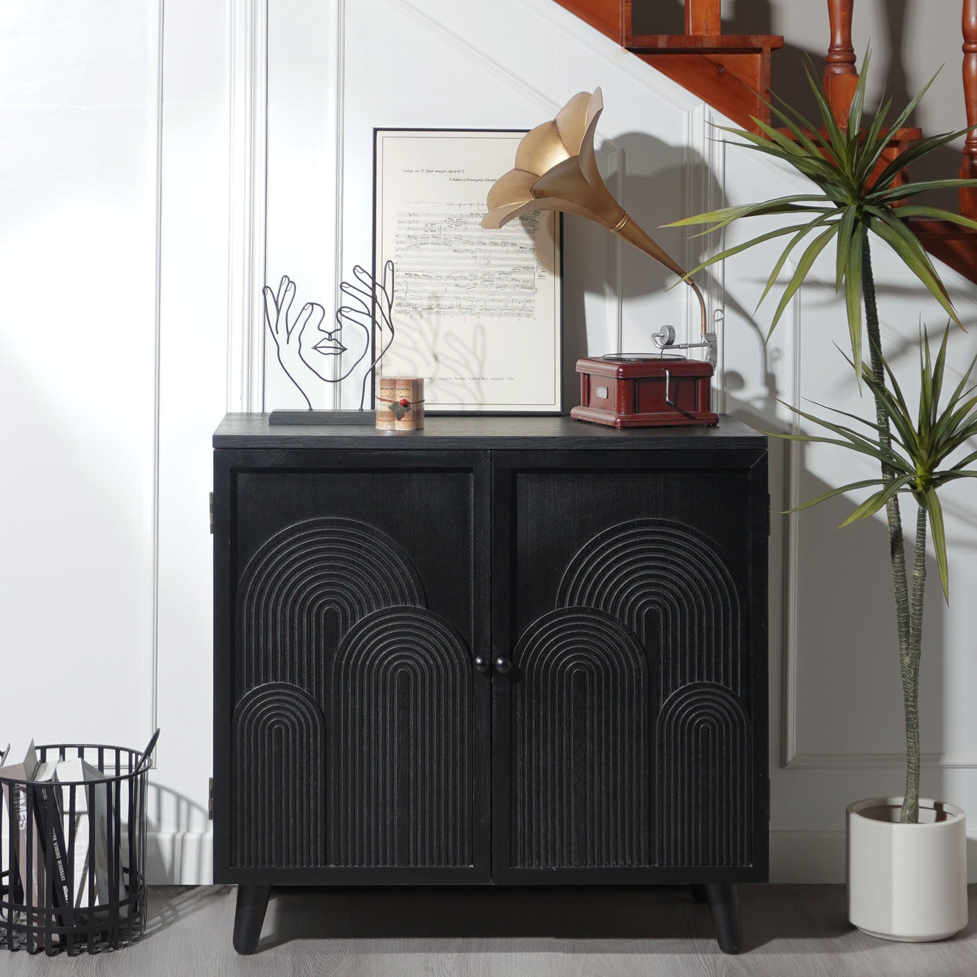 Modern Black Wood Storage Cabinet, 31in Accent Cabinet with Embossed Door for Living Room, Bedroom, or Entryway